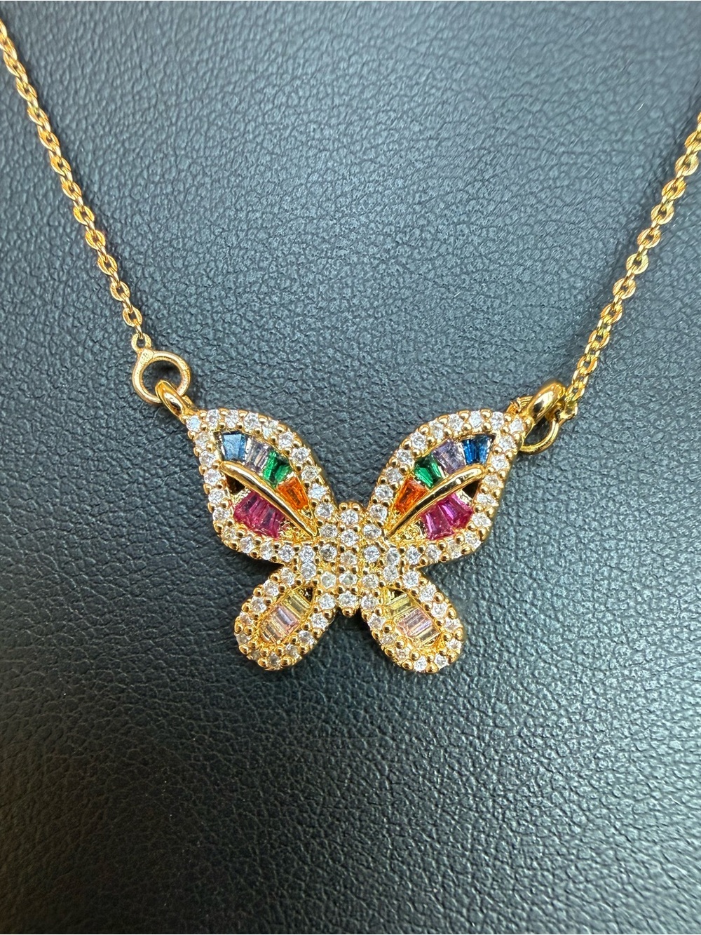 Rainbow Butterfly Pendant Necklace with Multicolor Accent Stones Gold Tone